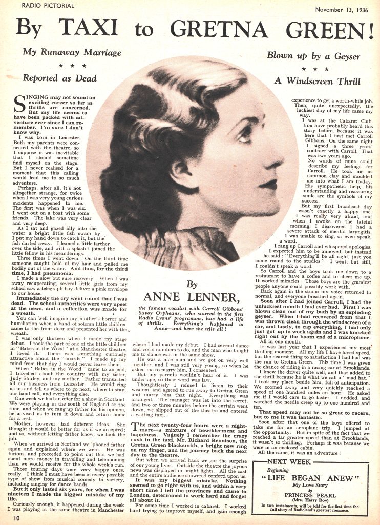 Anne Lenner. Radio Pictorial (November 13, 1936).