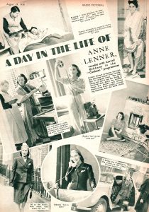 "A Day in the Life of Anne Lenner," with photographs. Radio Pictorial (August 19, 1938).