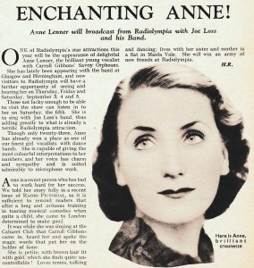 Item on Anne Lenner. Radio Pictorial (August 28, 1936).