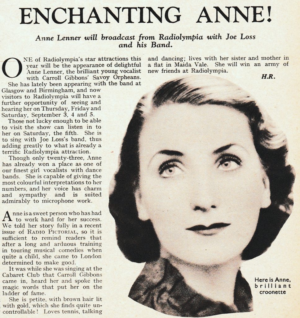 Item on Anne Lenner. Radio Pictorial (August 28, 1936).