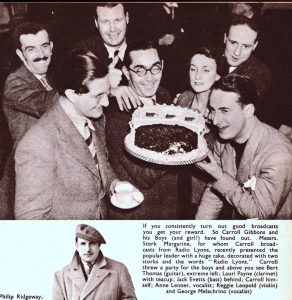 Carroll Gibbons with band members and vocalists Anne Lenner and George Melachrino. Radio Pictorial (February 3, 1937).