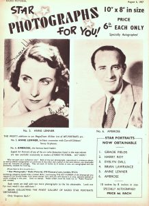 Advertisement for signed photographs of musicians, featuring photos of Anne Lenner and Ambrose. Radio Pictorial (August 6, 1937).