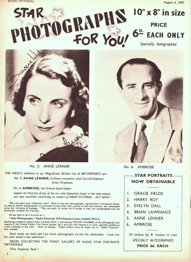 Advertisement for signed photographs of musicians, featuring photos of Anne Lenner and Ambrose. Radio Pictorial (August 6, 1937).